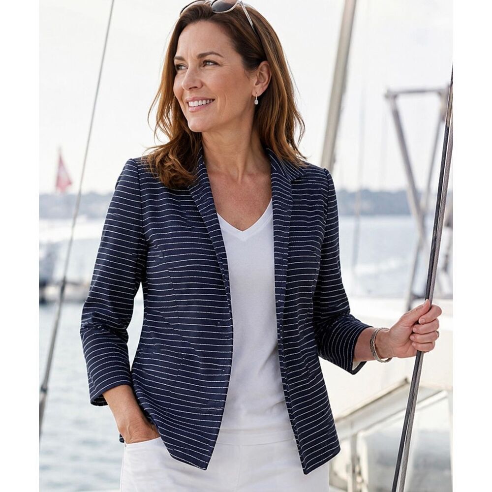 Talbots Navy Blue/White Horizontal Stripe Lined Blazer Jacket Women’s 4